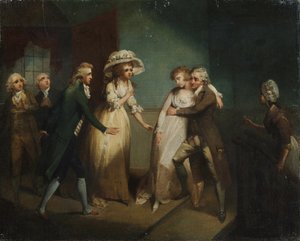 1796年に出版されたカミラが父親の腕の中で失神する、「カミラ」または「若者の絵」の場面のイラスト 作： Henry Singleton
